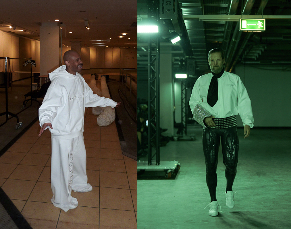 New York designer icon Shayne Oliver (left) before his Anonymous Club runway show, with designer colleague Stefano Pilati (right) modeling ©Fynn Stoldt + Ioannis Papadakis