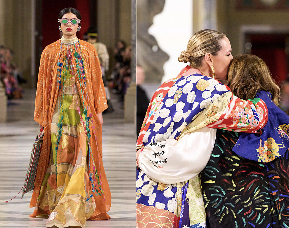 Left: Rianna + Nina expertly mix colors, patterns, and styles this season. Right: The emotional duo of designers after the show ©Boris Marberg 